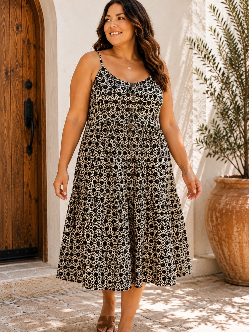 Levi’s 1X Tiered Midi Dress Black Cream Boho Geometric Button Sundress